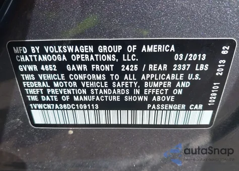 2013 Volkswagen Passat 2.0L Tdi Sel Premium z USA, uszkodzony, nr VIN 1VWCN7A36DC109113